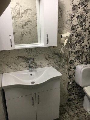 Værelse til 3 personer | Badeværelse | Bruser, hårtørrer, håndklæder, Toiletpapir