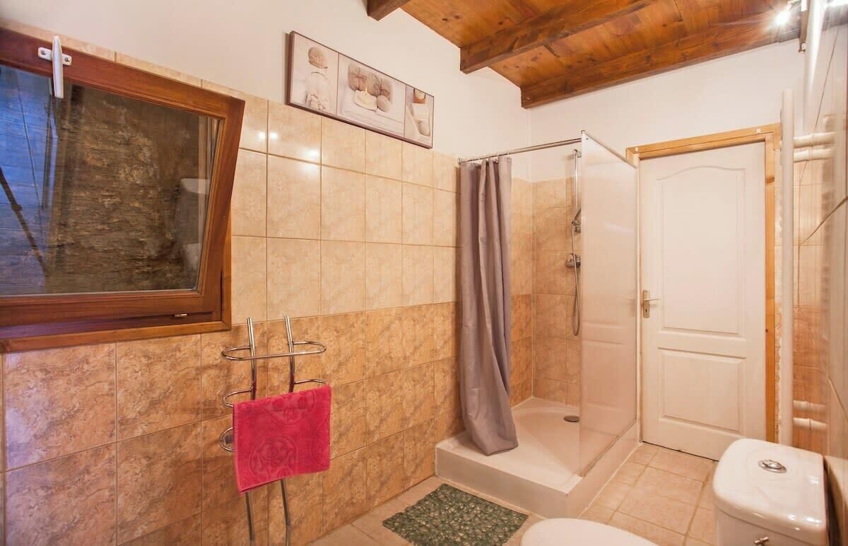 Une salle de bain avec une douche, des toilettes et une fenêtre.