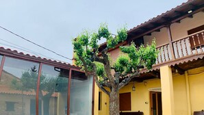 Un edificio con balcón, un árbol en primer plano y una banca.