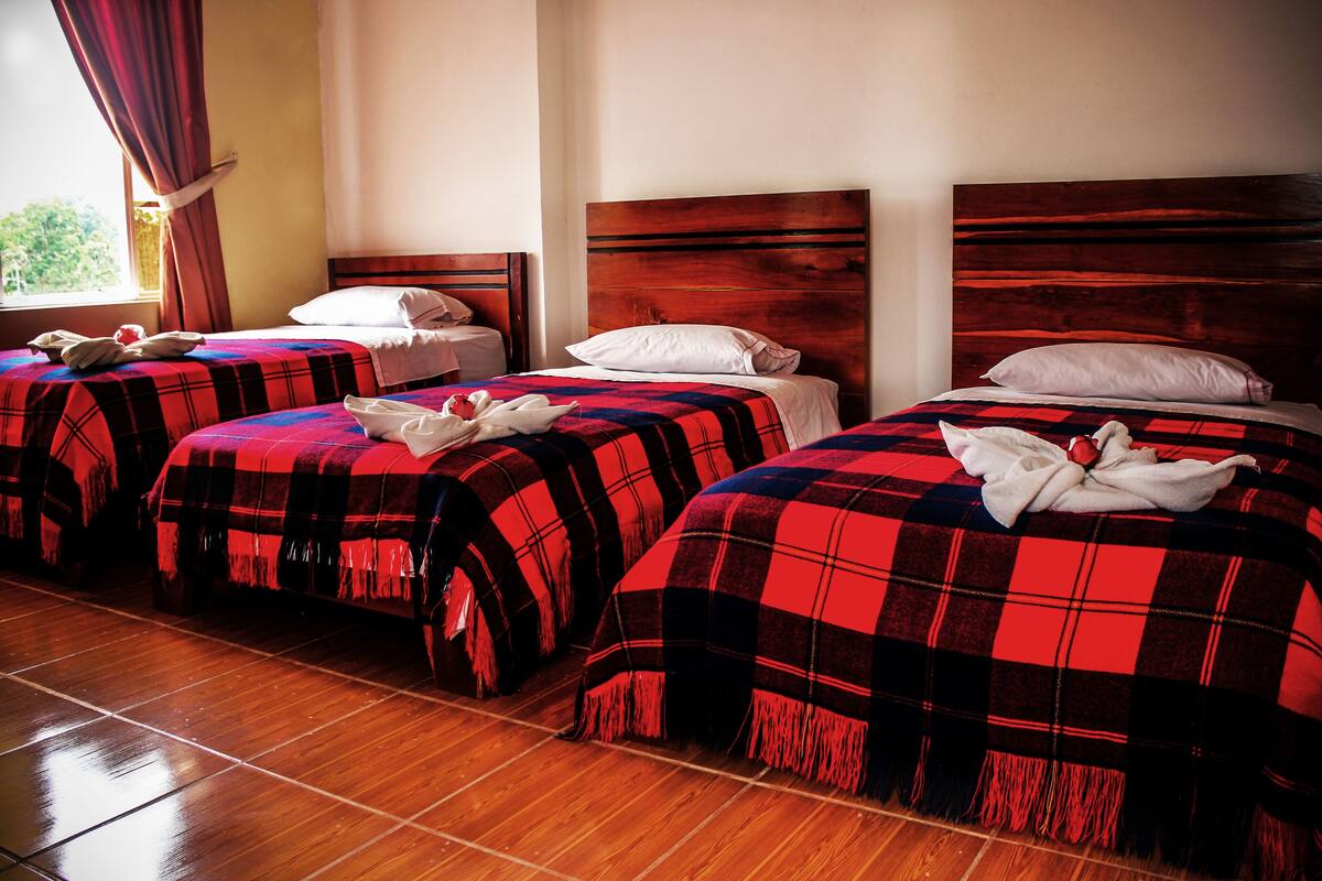 A hotel room with three beds, each with a red and black checkered blanket and white pillows.