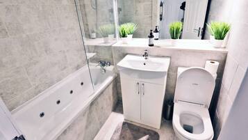 Combined shower/tub, hair dryer, towels, soap