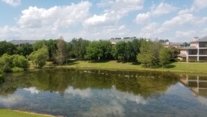 A serene pond surrounded by lush greenery and residential buildings.