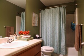 Combined shower/bathtub, hair dryer, towels, soap