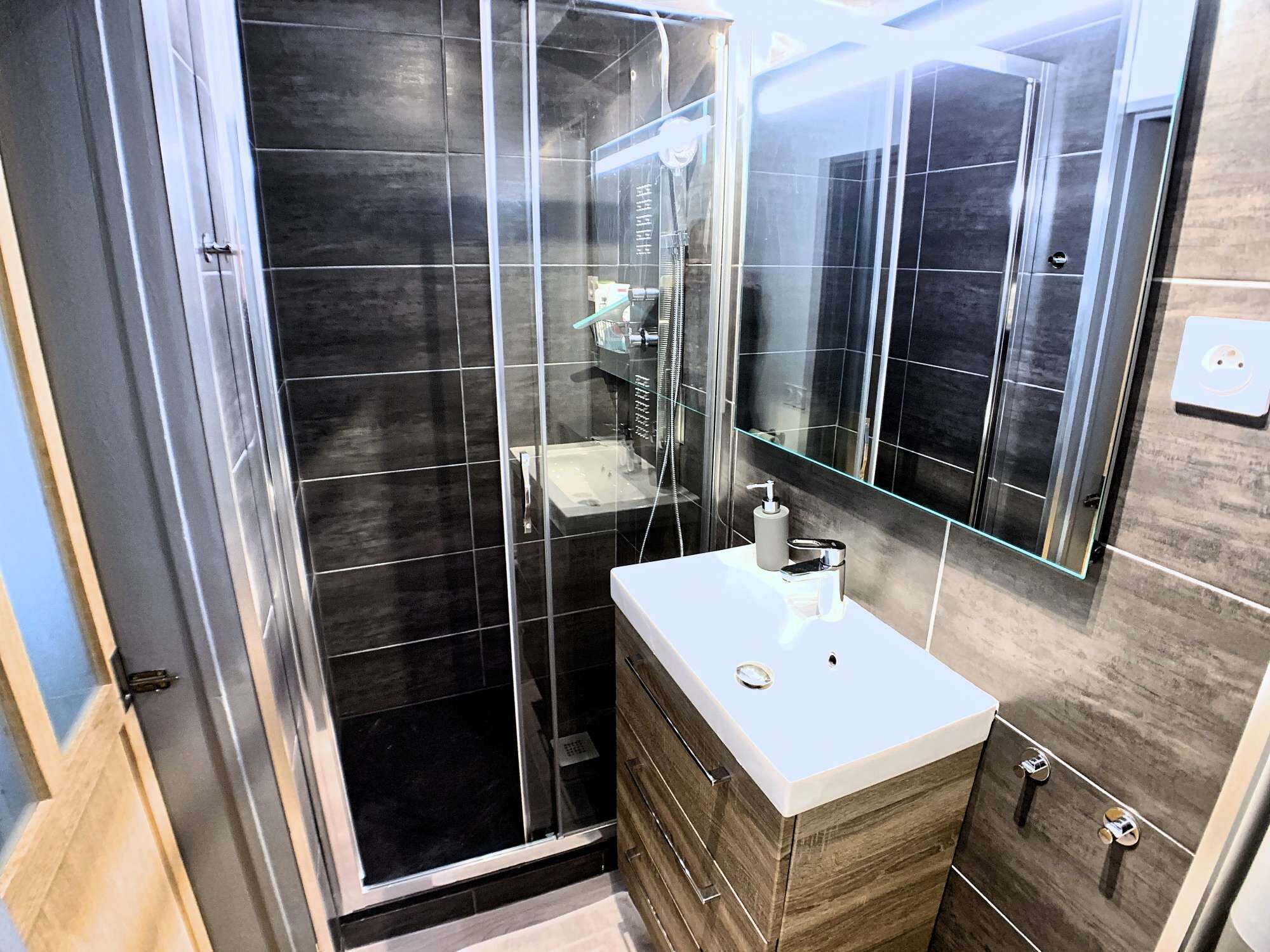 Shower, eco-friendly toiletries, hair dryer, towels