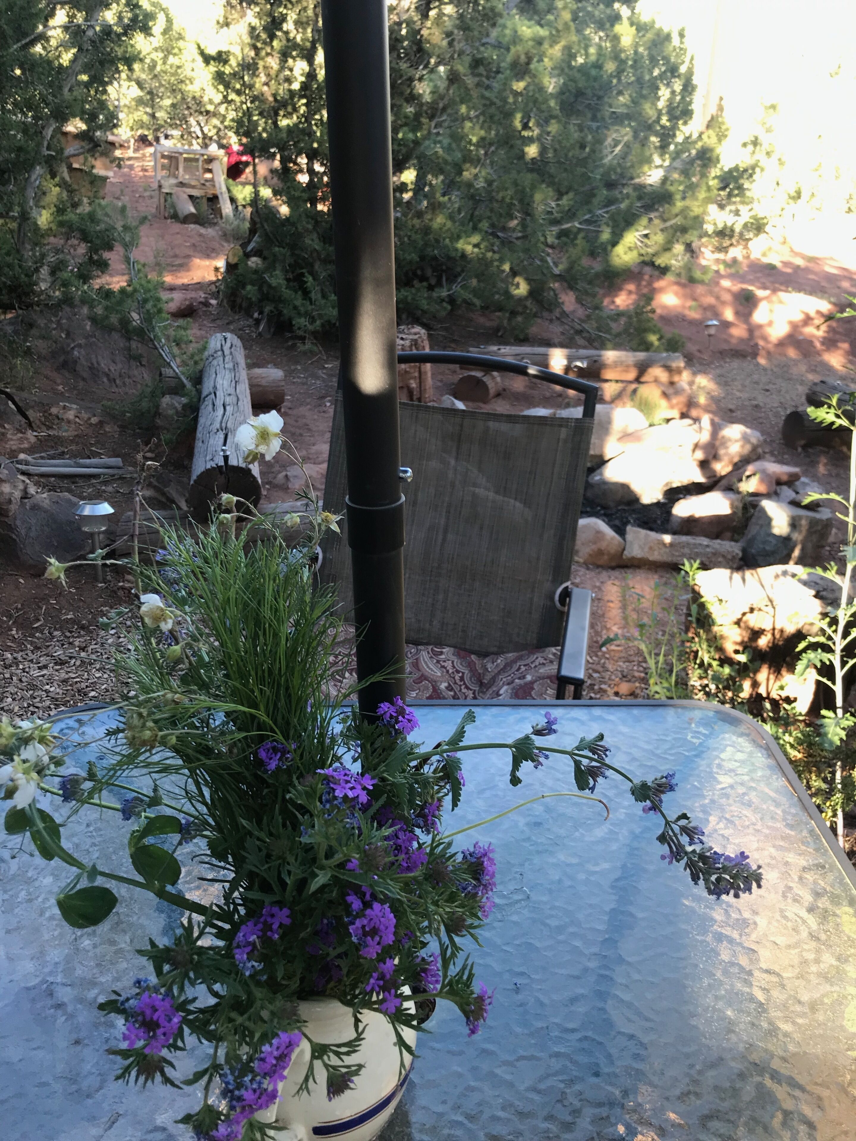 A table with a potted plant of purple flowers.