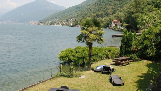 Une propriété située au bord d’un lac, dotée d’une pelouse, d’un palmier et d’une terrasse en bois.
