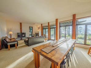 Smart TV, fireplace, books, stereo