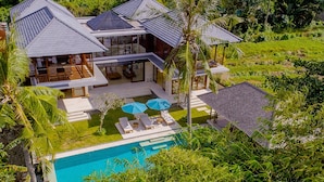 A modern house with a swimming pool, surrounded by lush greenery. - Villa Rusa Biru - Peaceful Ricefield Views in Central Canggu (Kecamatan Kuta Utara)