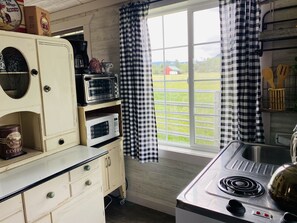 Réfrigérateur, micro-ondes, plaque de cuisson, cafetière/bouilloire