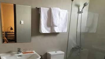 Shower, free toiletries, hair dryer, slippers