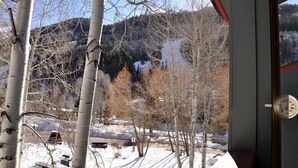 A view from a window overlooking a snowy landscape with birch trees and a mountain in the background. - Beautifully Remodeled - Steps to Lift 7 and River Trail with Mountain Views (Telluride)