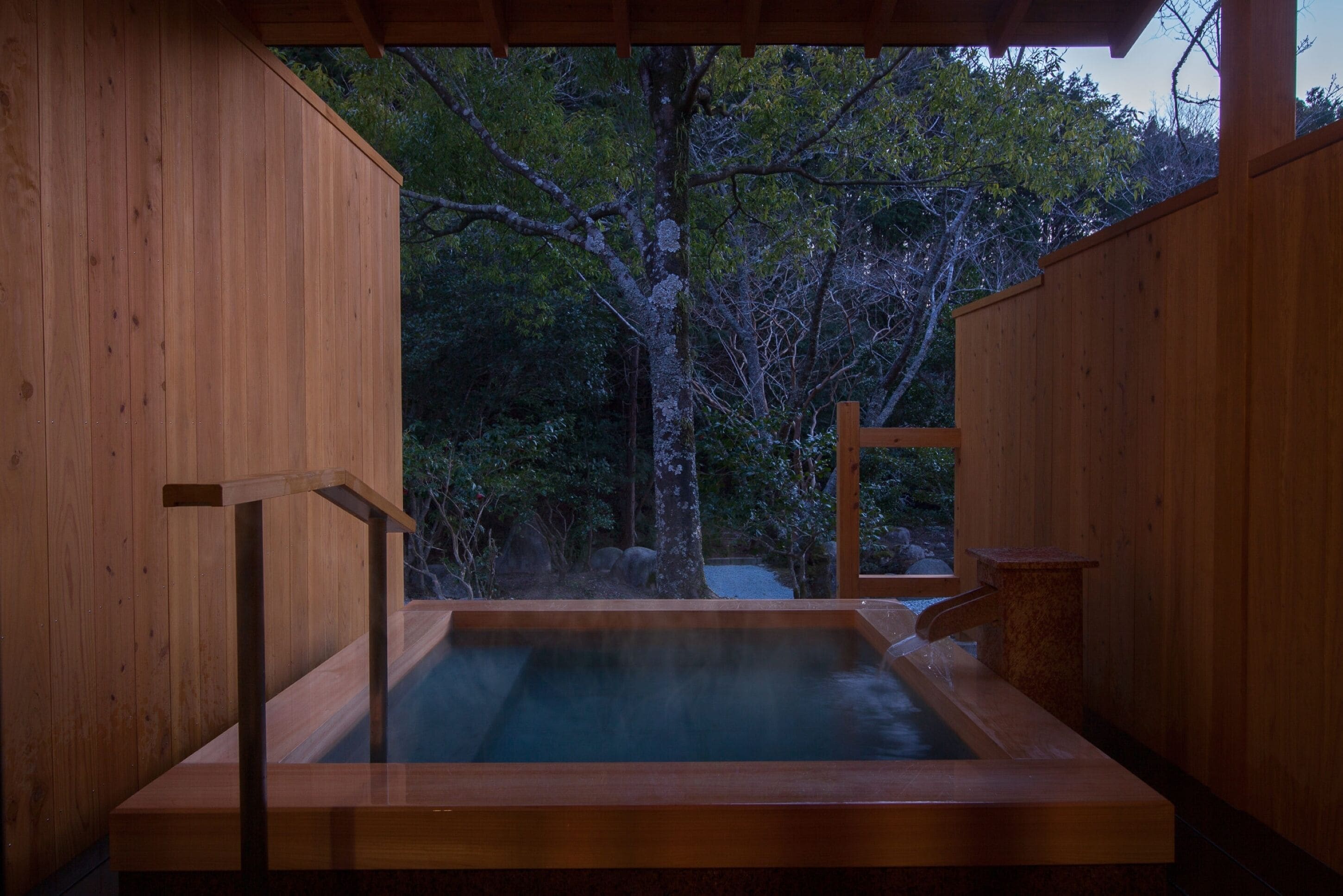 A wooden hot spring bath with a view of trees.