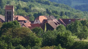 A village with traditional buildings, a prominent tower, and lush greenery.
