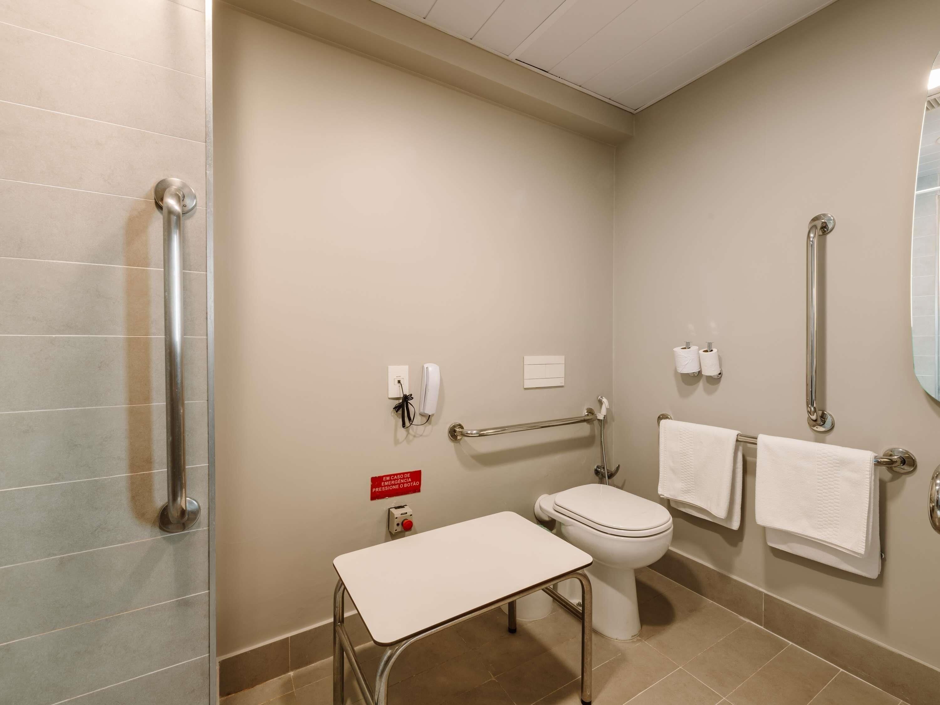 A bathroom with a toilet, a sink, a mirror, and two handrails.