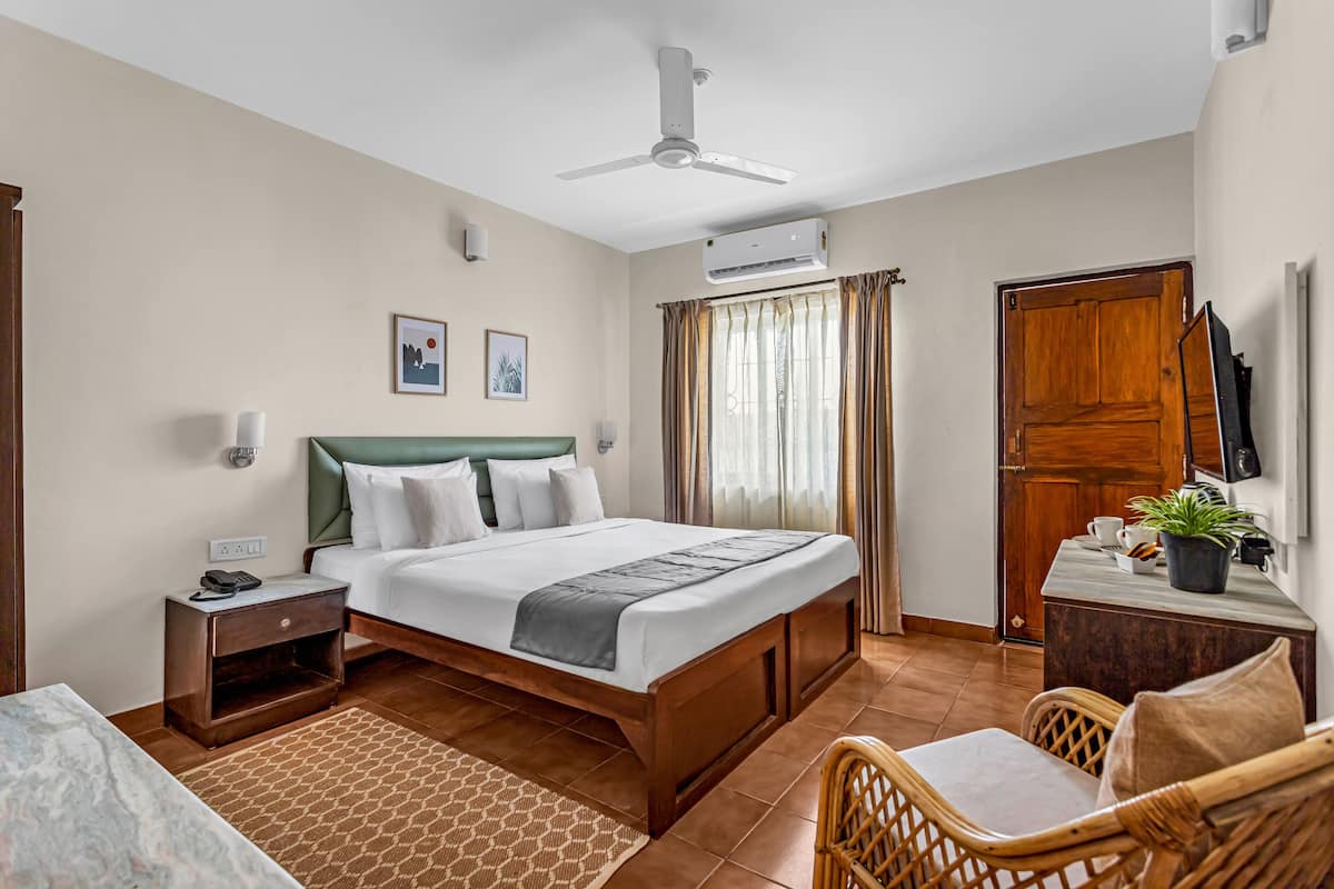 Una habitación de hotel con cama, mesita de noche, silla, escritorio con planta y armario.