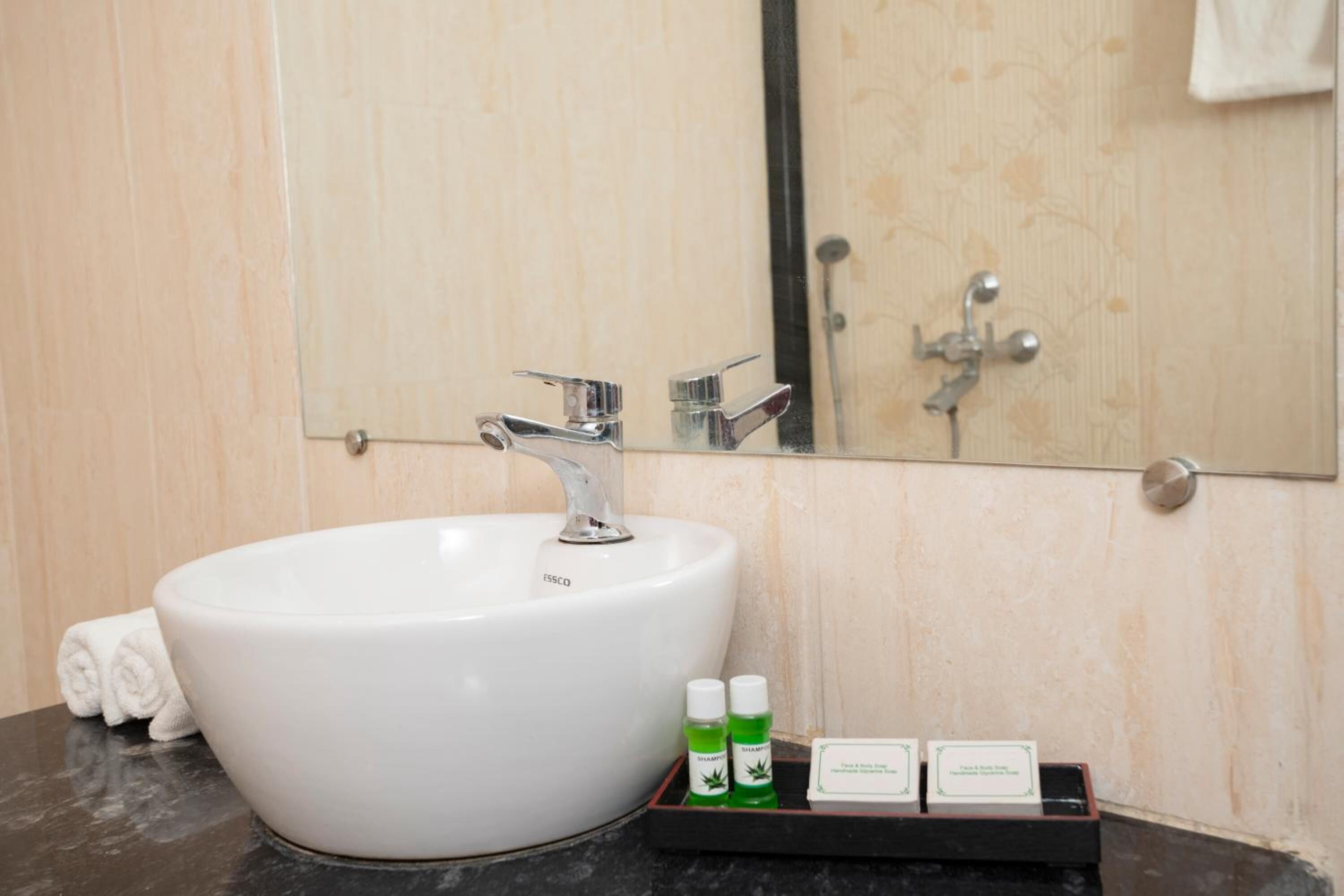 A bathroom with a white sink, a mirror, and a tray with two bottles of shampoo and a bar of soap.