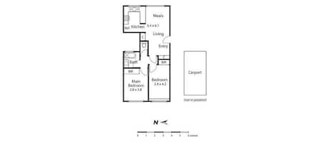 A floor plan of a hotel with a main bedroom, a bathroom, a living room, a kitchen, and a carport.