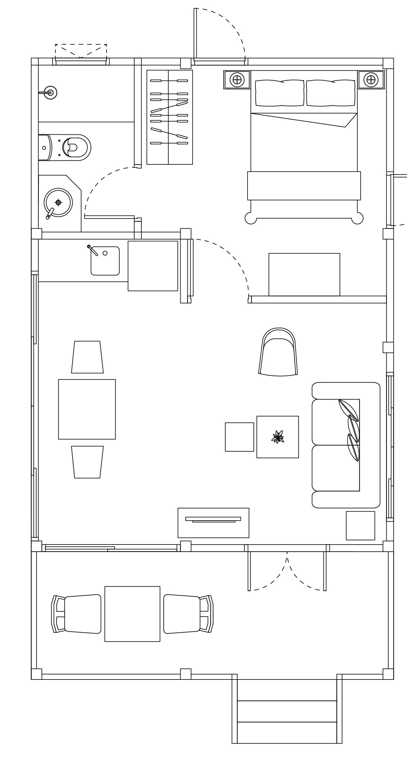 Disposizione di una camera d'albergo con un letto, una scrivania, una sedia e un tavolino.