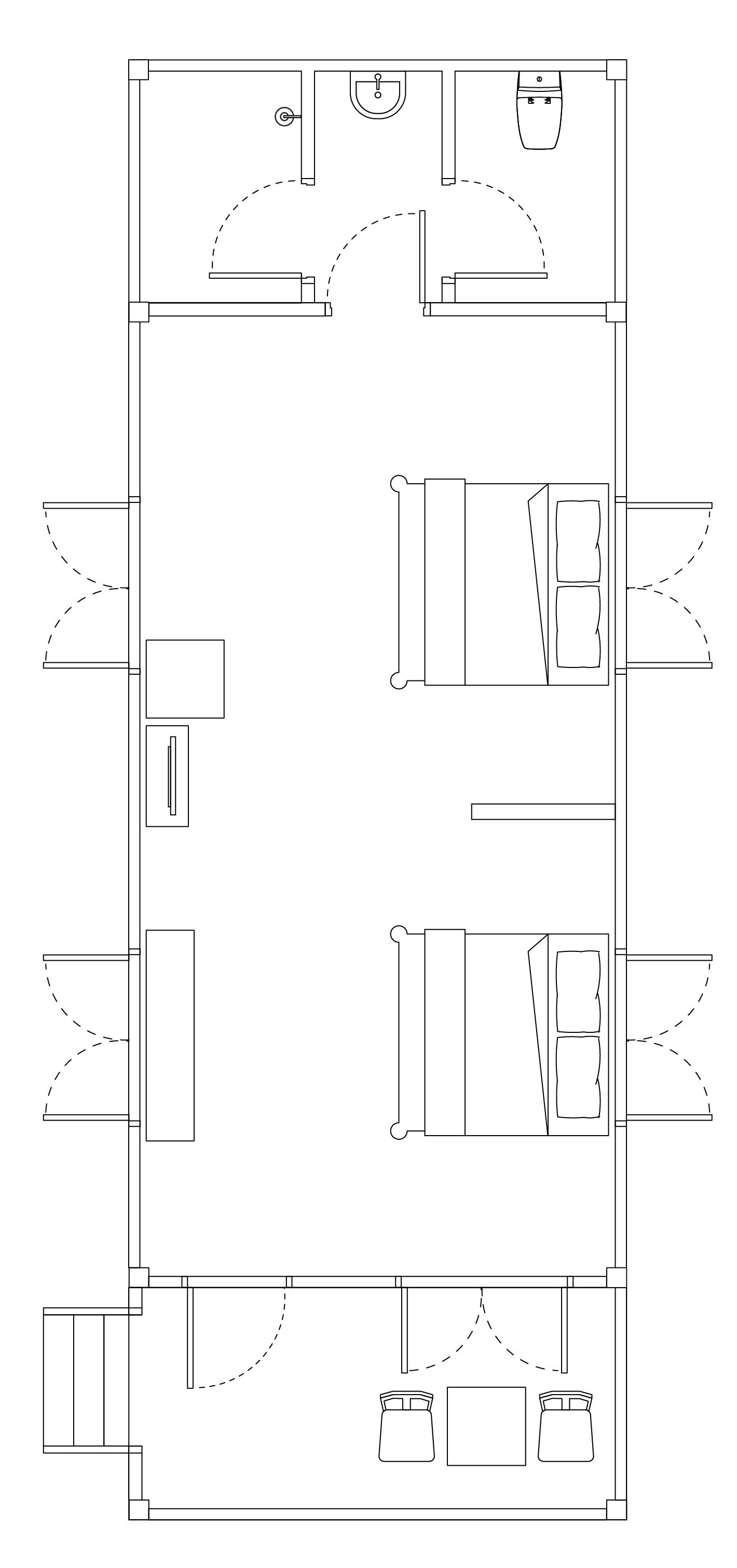 A floor plan of a hotel with a central hallway, rooms on both sides, a bathroom, and a dining area.