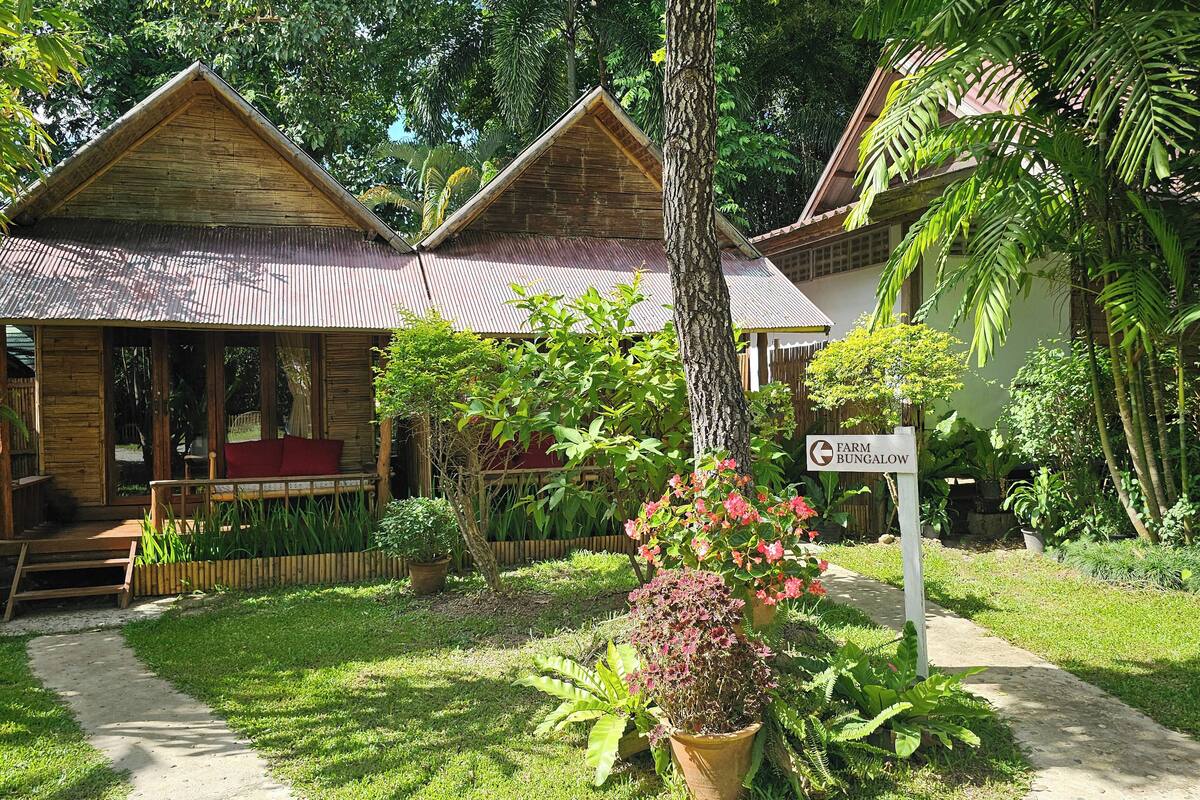 A bungalow-style accommodation with a thatched roof, surrounded by lush greenery and a well-maintained garden.