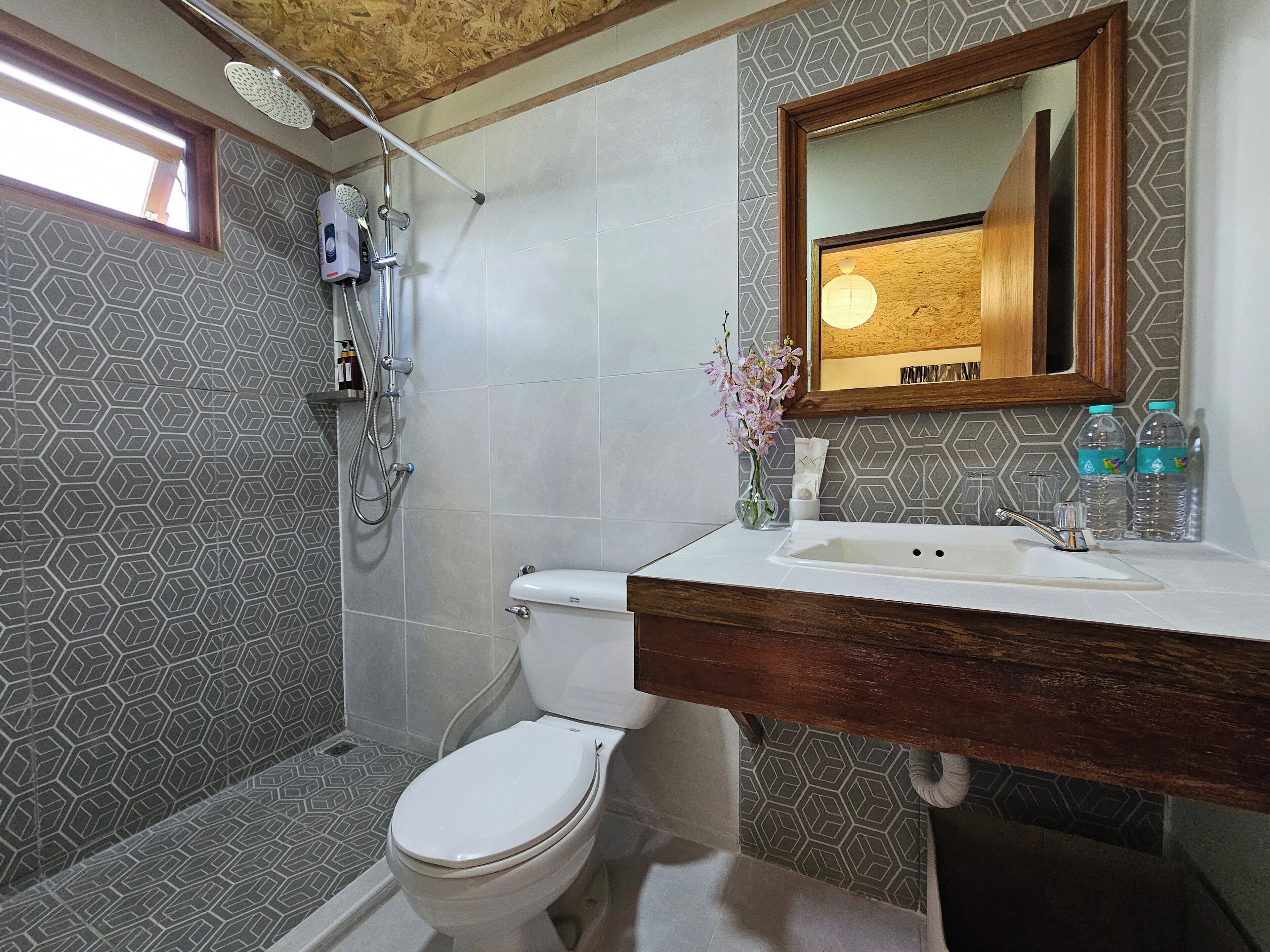 Een badkamer met toilet, douche en wastafel.
