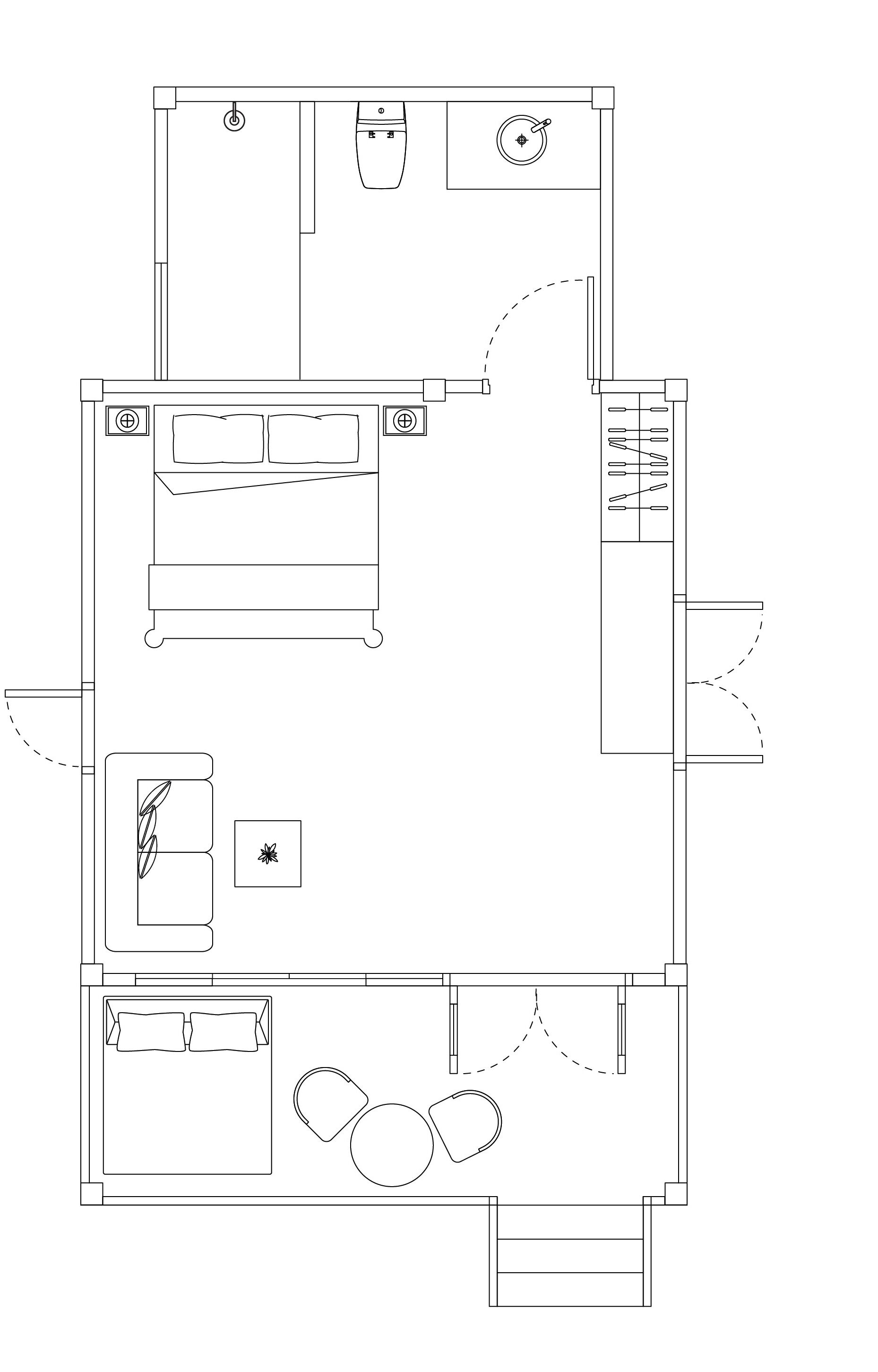 Un plan d’étage d’une chambre d’hôtel comprenant un lit, un bureau, une chaise, une petite table et une salle de bain.