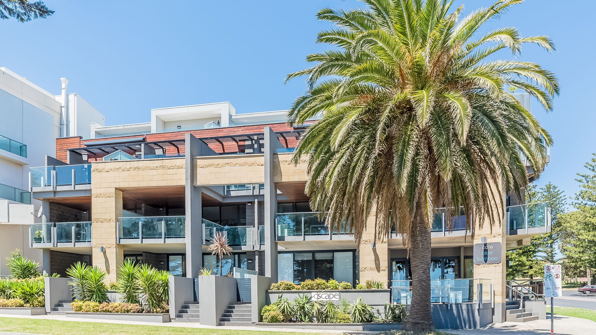 A modern building with a multi-level structure, outdoor seating area, and a palm tree.