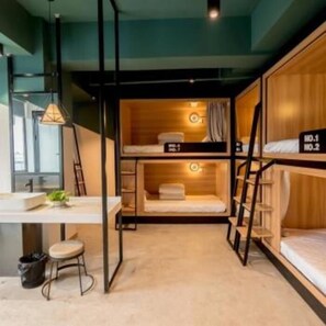 A compact room with bunk beds labeled "No.1" and "No.2", a desk with a chair, and a hanging light fixture. - Chengdu Mitang Youth Hostel (Chengdu)