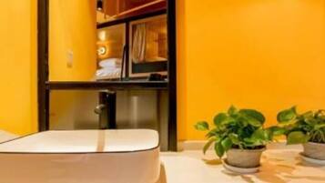 Shower, hair dryer, slippers, shampoo