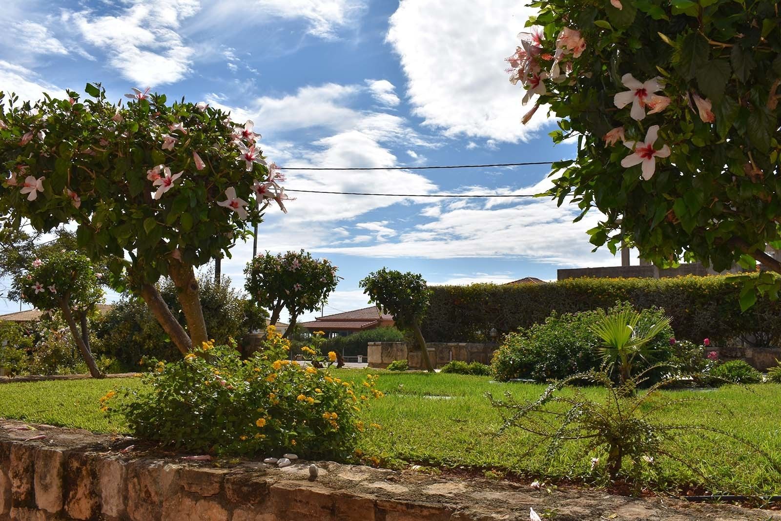 A garden with various plants and flowers, a stone wall, and a building in the background.