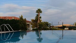 A clear swimming pool with a metal ladder on the left, surrounded by greenery and buildings in the background. - Melidron Hotel (Kefalonia)