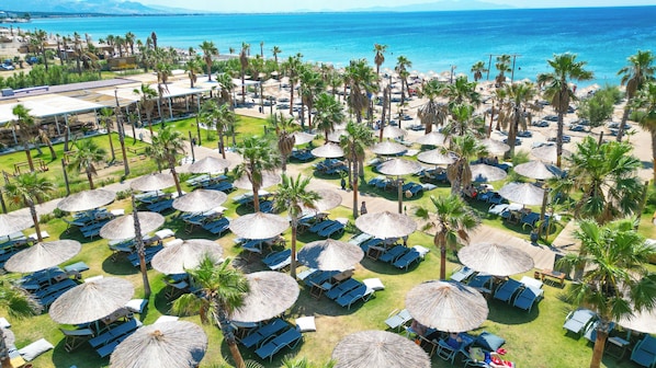 Private beach, sun loungers, beach umbrellas, beach volleyball