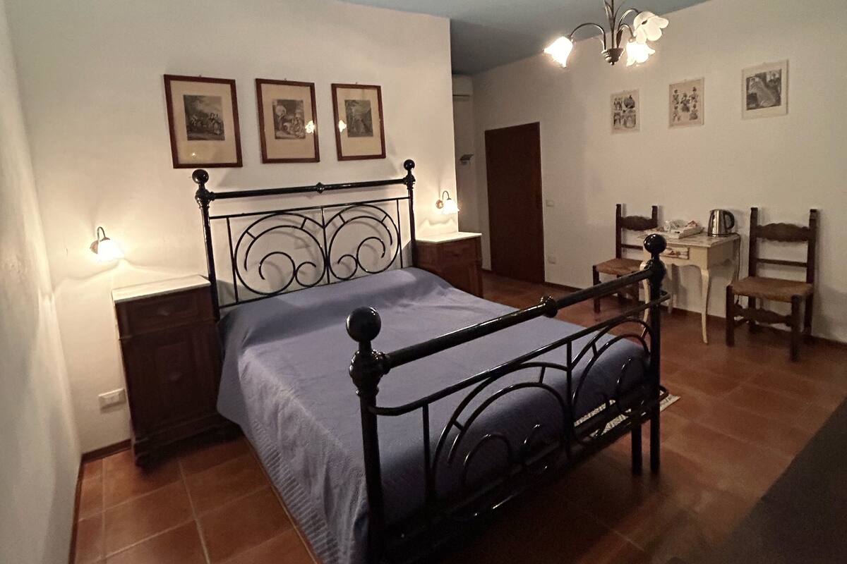 Un dormitorio con estructura de cama de metal, un escritorio y una silla. Hay cuadros enmarcados en la pared y una araña.