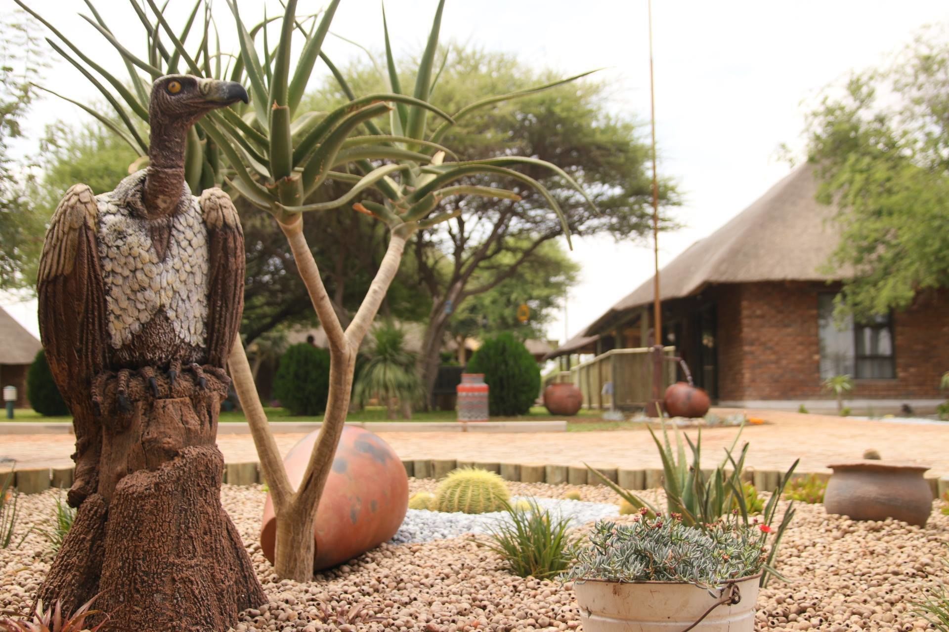 Une sculpture représentant une créature ressemblant à un oiseau, un cactus et une plante en pot, le tout dans un jardin, avec un bâtiment en arrière-plan.