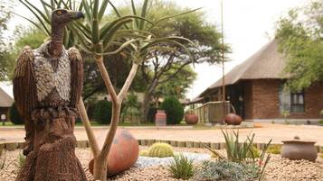 Une sculpture représentant une créature ressemblant à un oiseau, un cactus et une plante en pot, le tout dans un jardin, avec un bâtiment en arrière-plan.