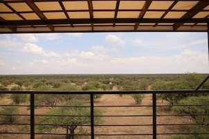 Vista desde un balcón cubierto con barandilla metálica, sobre un paisaje seco con vegetación escasa y cielo despejado.