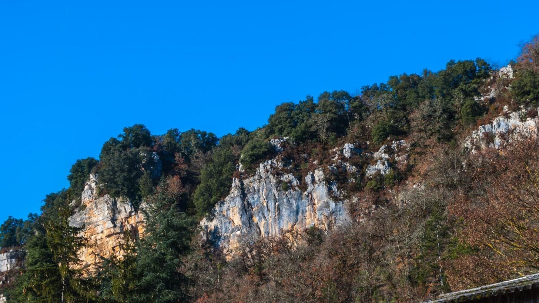 A mountainous landscape with rocky cliffs and dense forest.