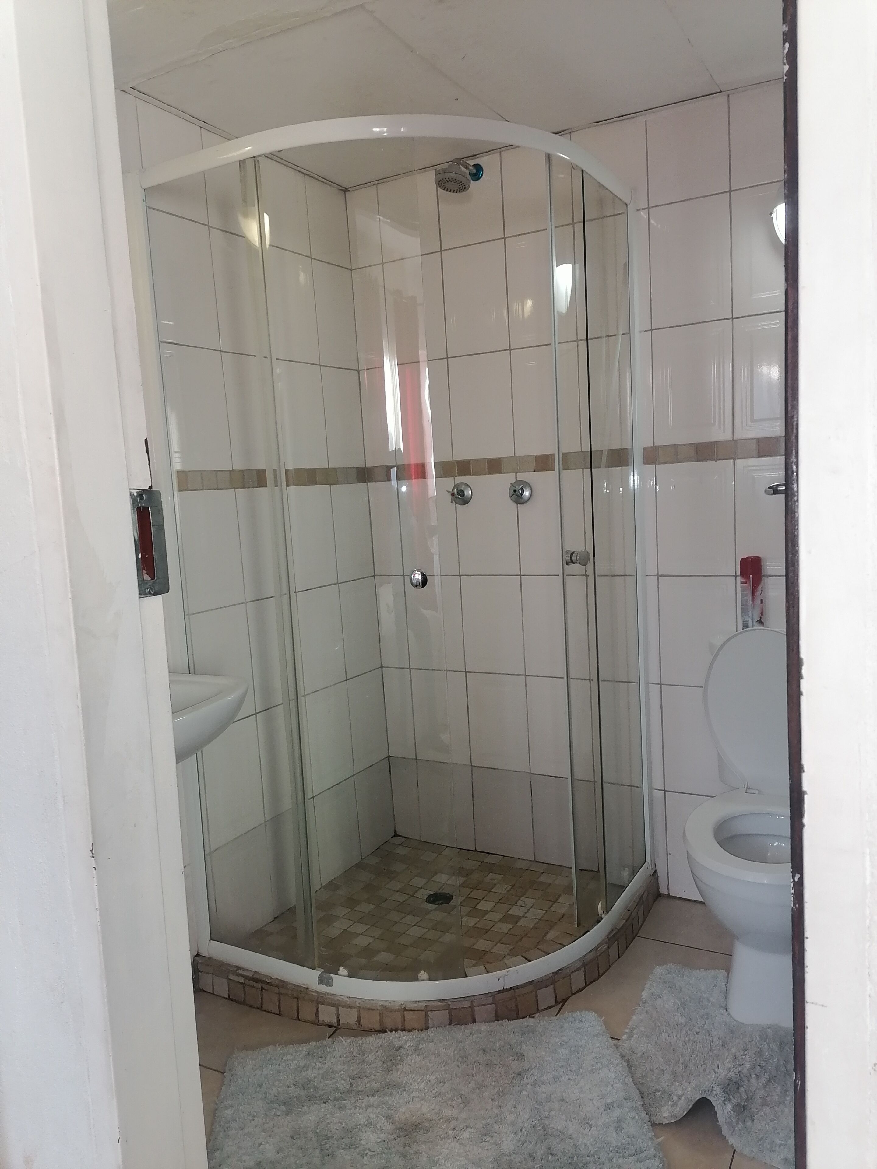 A bathroom with a glass-enclosed shower, a toilet, and a sink.