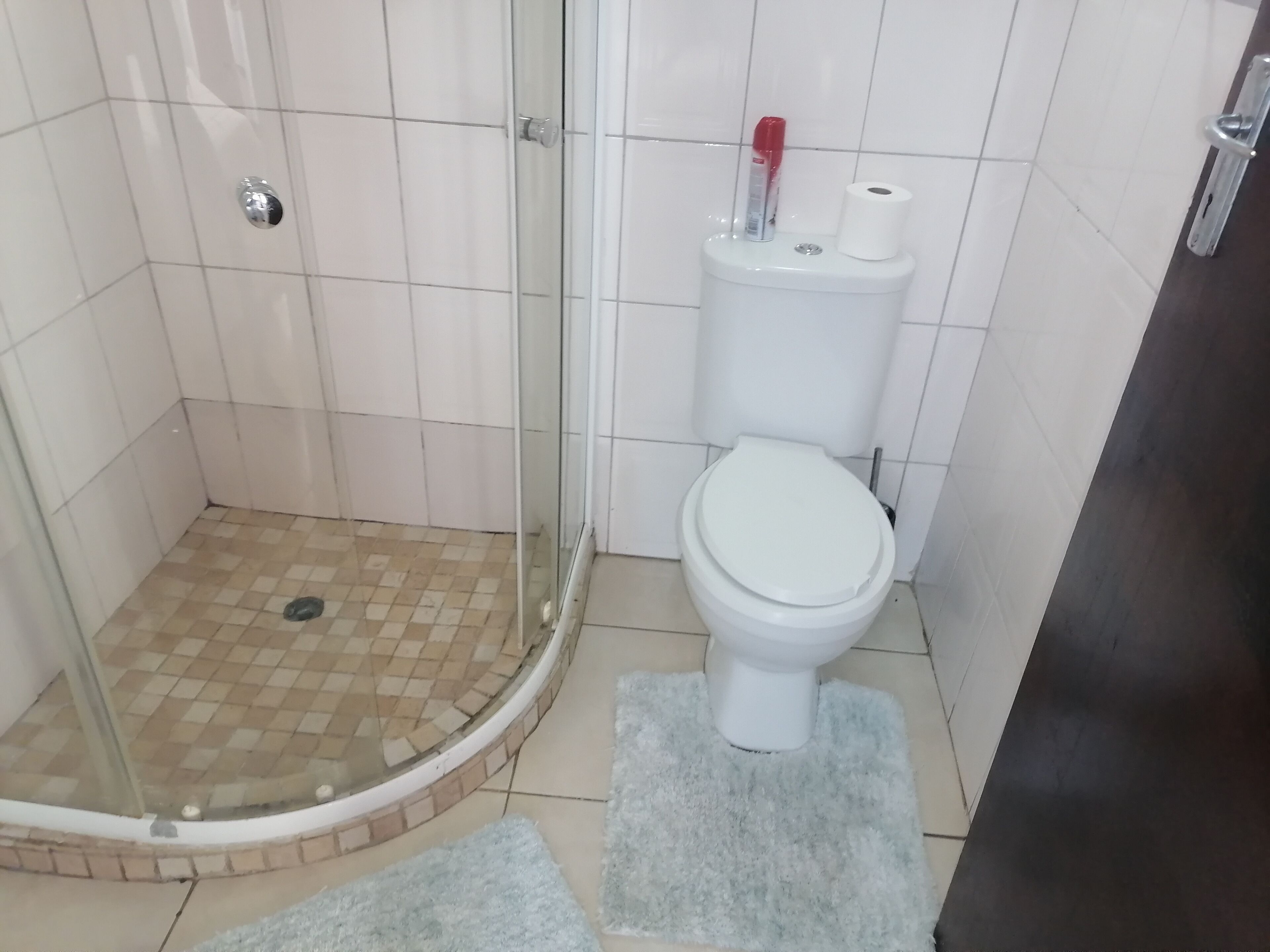 A bathroom with a glass-enclosed shower, a toilet, and a bidet.