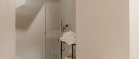 Une salle de bain moderne avec une douche à parois de verre, un lavabo blanc et une baignoire.