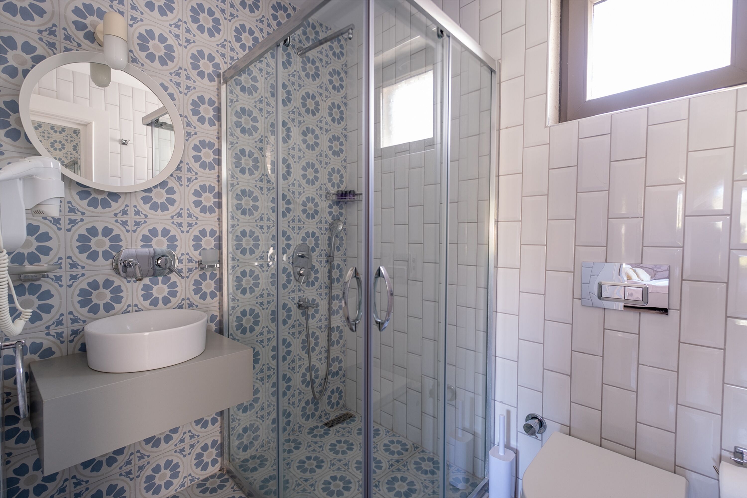 shower, hair dryer, slippers, heated floors