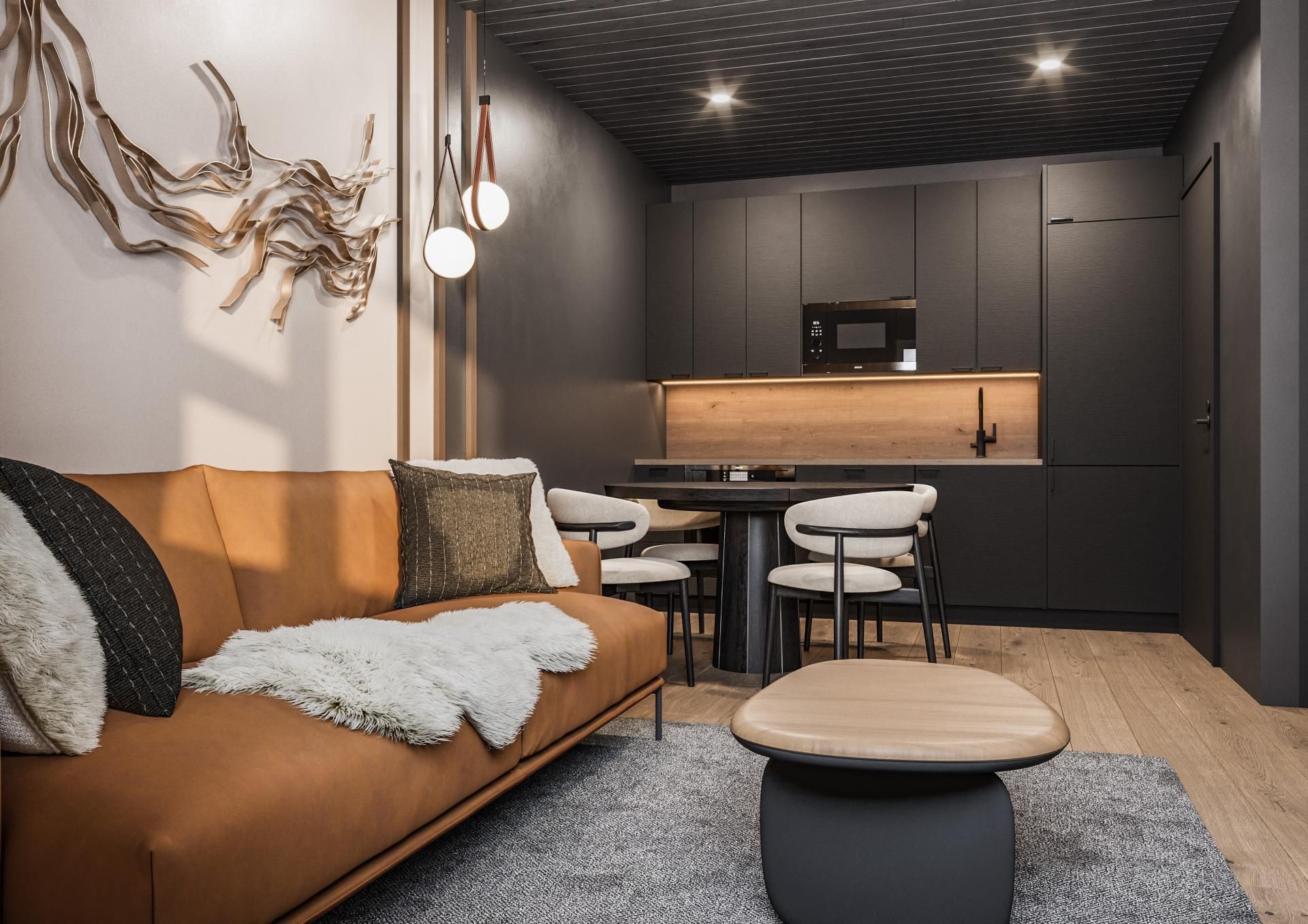 Un salon moderne comprenant un canapé, une table basse et un coin repas avec des chaises et une table.