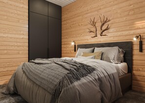 Une chambre à coucher moderne avec un lit, une tête de lit et des murs recouverts de panneaux en bois.