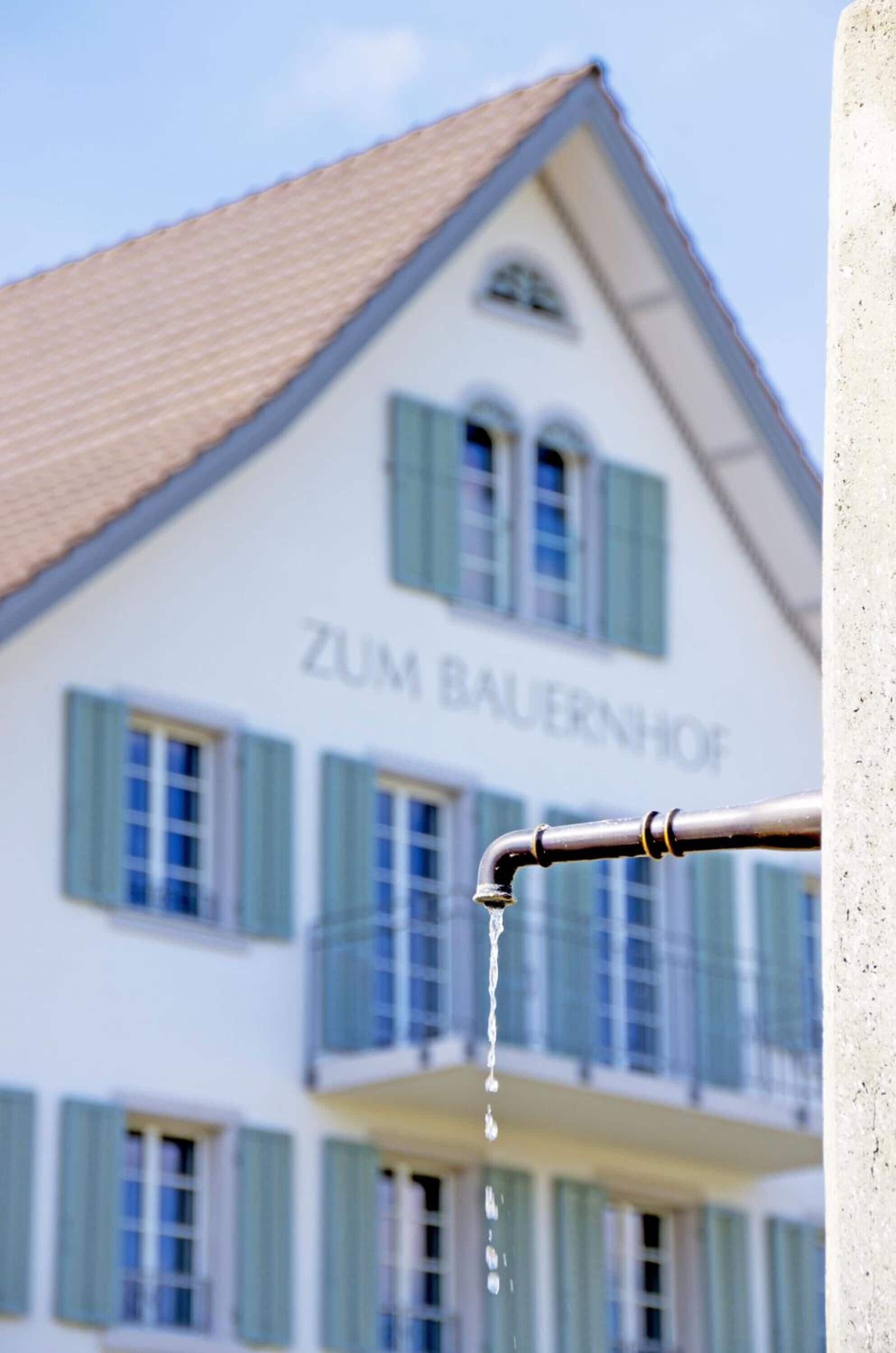 Un bâtiment portant l’enseigne « ZUM BAUERNHOF » et une fontaine en premier plan.