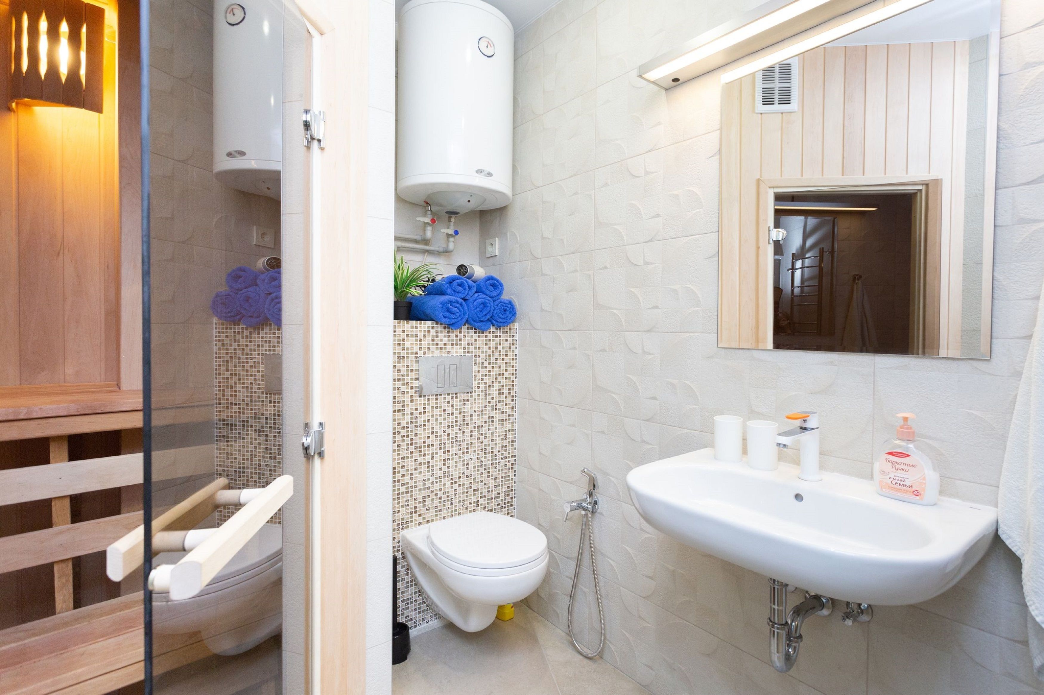 A modern bathroom with a glass shower enclosure, a white sink, and a toilet.