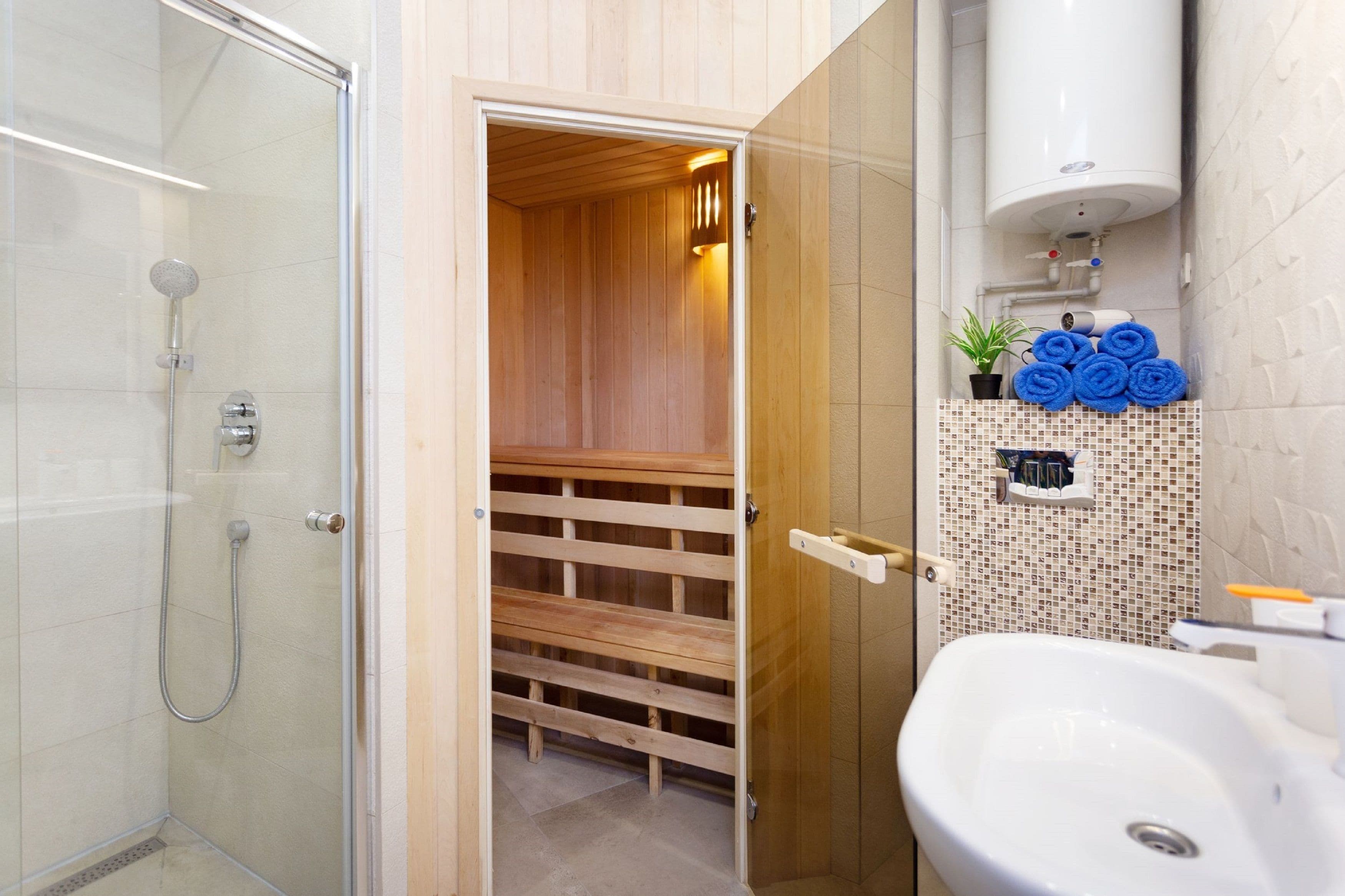 Design-lejlighed - sauna - byudsigt (Kirova 1) | Badeværelse | Bruser, brusehoved med spredningseffekt, hårtørrer, håndklæder