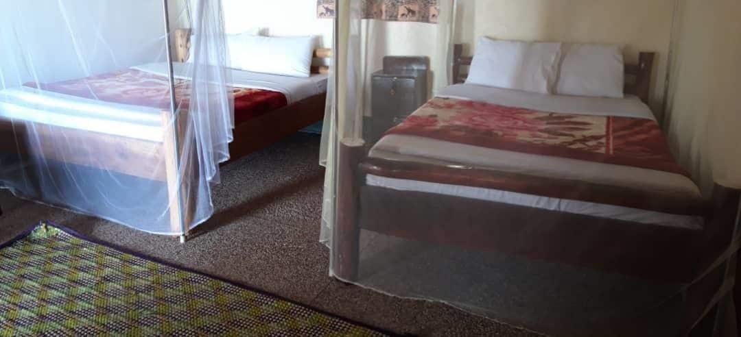 Two single beds with mosquito nets, a small table, and a patterned rug in a room.