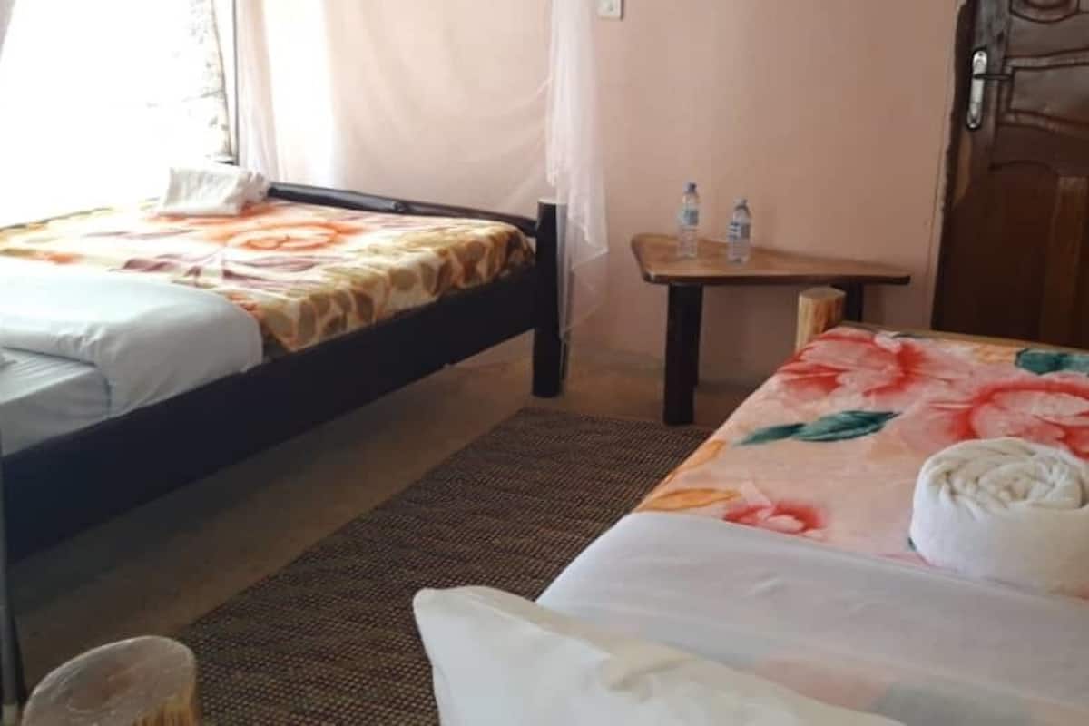 A room with two single beds, a wooden table with water bottles, a door, and a mosquito net over one bed.