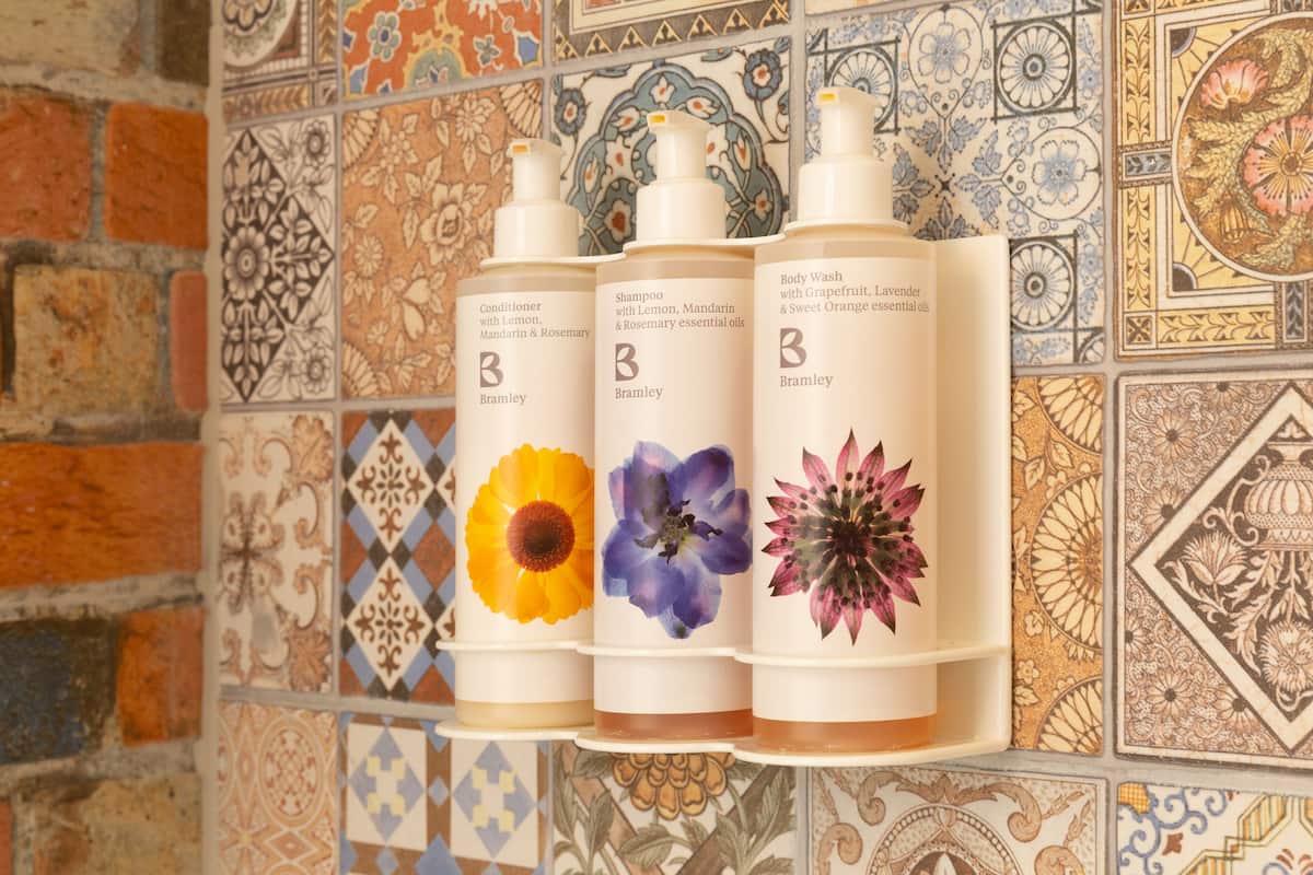 shower, rainfall showerhead, designer toiletries, hair dryer