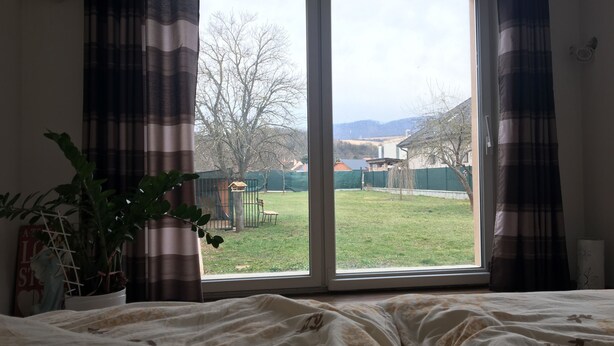 Un dormitorio con un ventanal grande, una cama, una planta en maceta y vistas a un jardín y edificios.